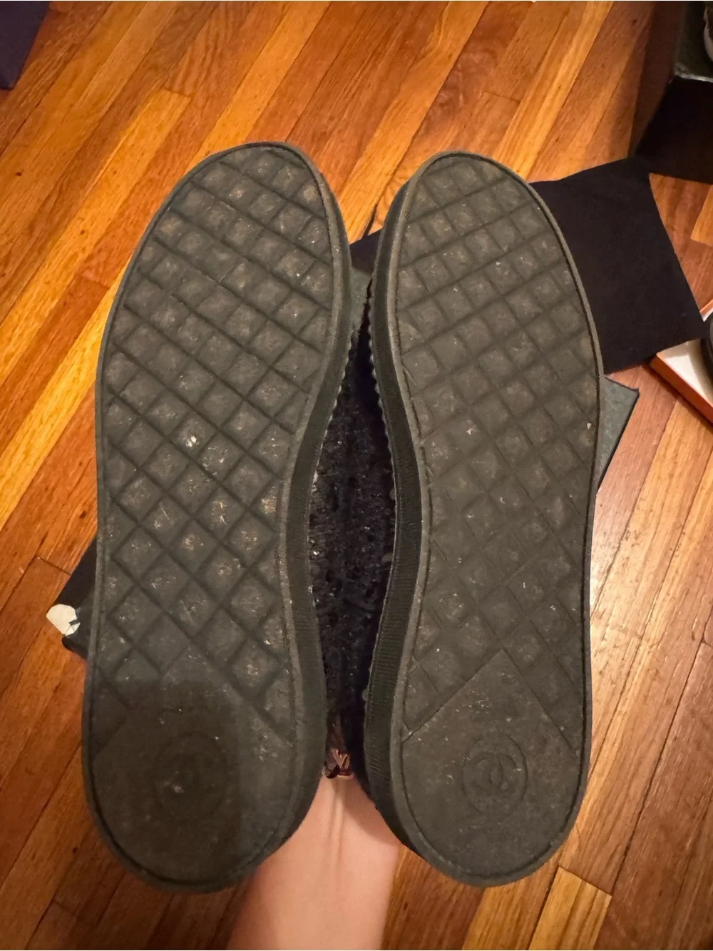 CHANEL Black Tweed Pearl-Trim Slip-On Sneakers
